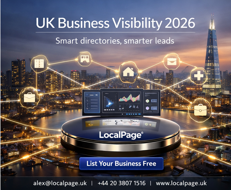 Premium 3D minimalist London cityscape at dusk with connected business icons and smiling owner using iPad, representing high ROI and low cost of email marketing for UK small businesses on LocalPage.