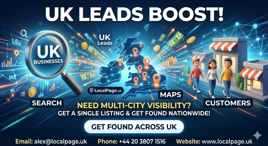 3D digital cinematic hero image for UK business directory, showing multi-city exposure from London skyline to Glasgow with falling leads for business owner.