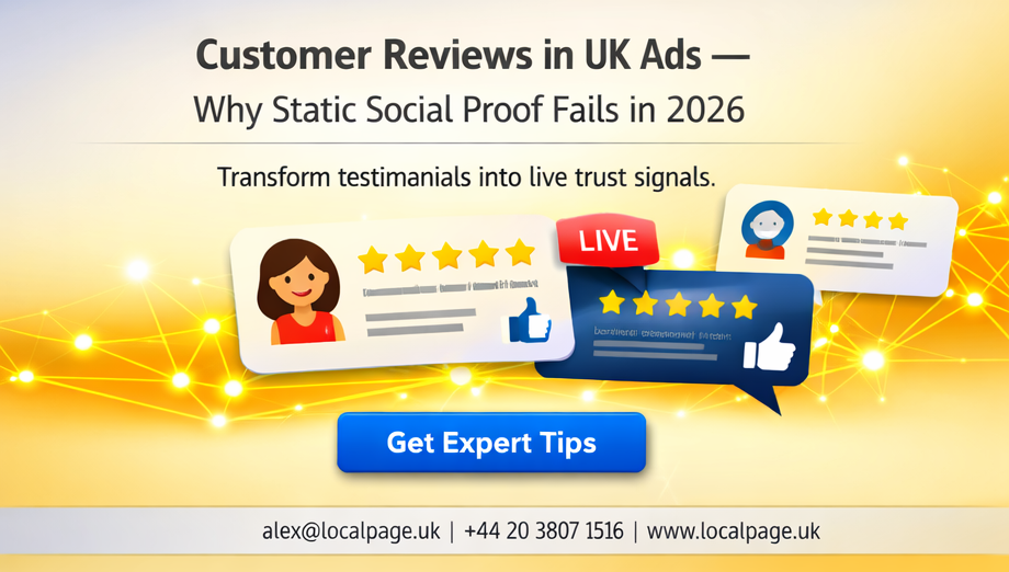 Social image showing dynamic customer review visuals with glowing yellow accents and green‑blue CTA button.